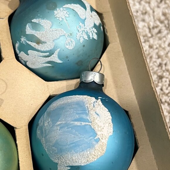 Vintage Green & Blue Christmas Glass Ornaments 9 With Dove & Bell Designs - Picture 2 of 5